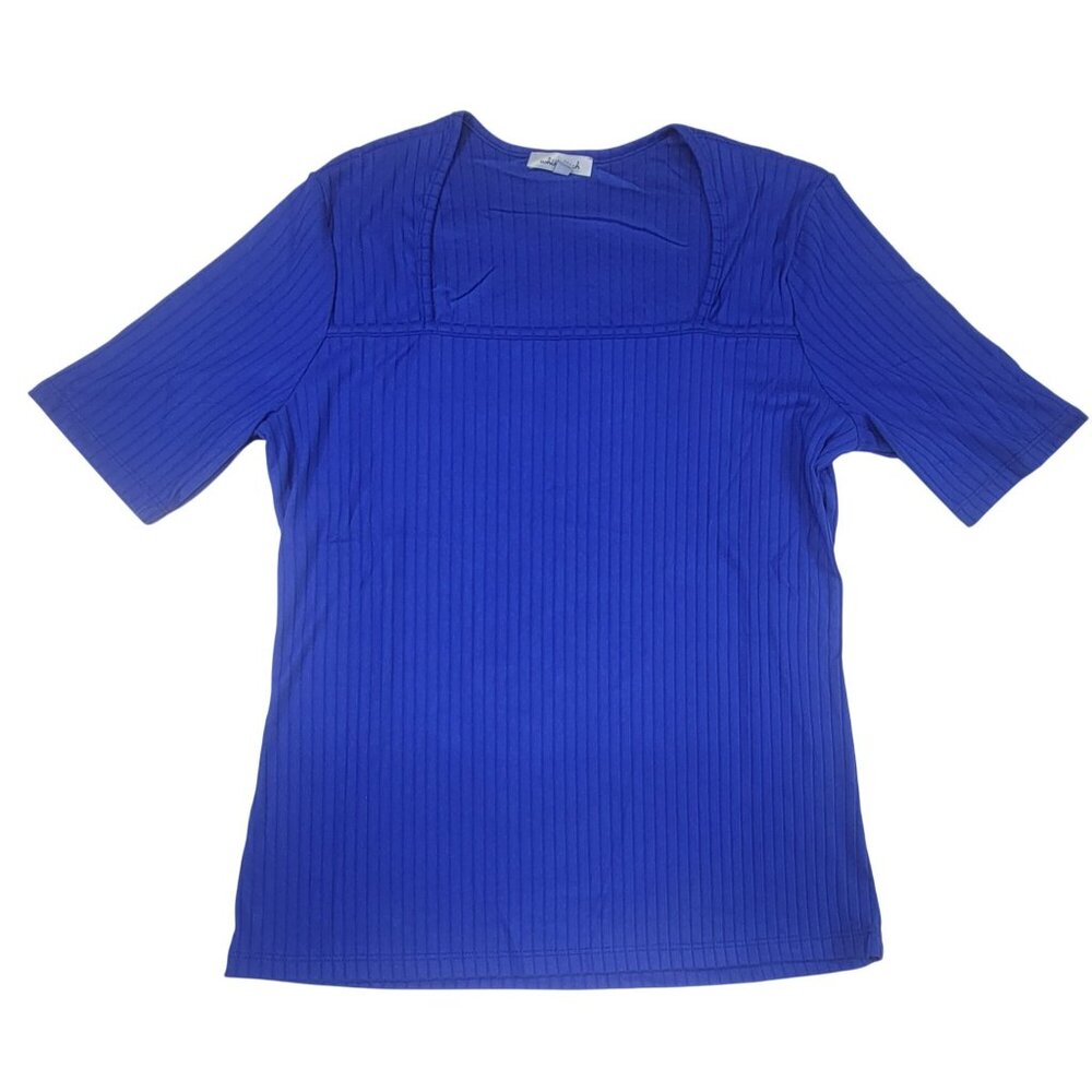 White Birch Womens Ribbed Blue Short Sleeve Top L Polyester Spandex